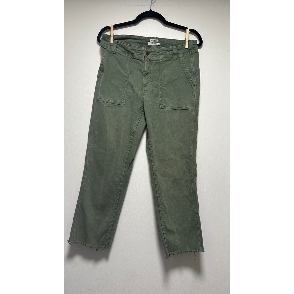 LL Bean Favorite Fit Utility Pants Green Raw Hem Straight Leg Womens 8